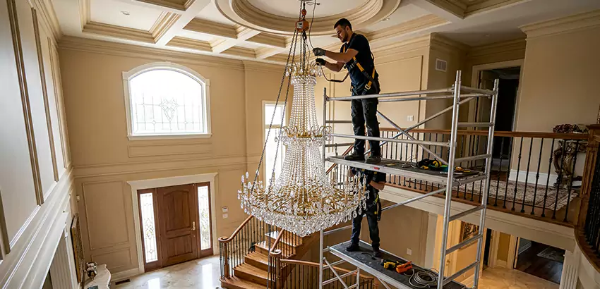 Two-Story Foyer Chandelier Installation in Des Moines